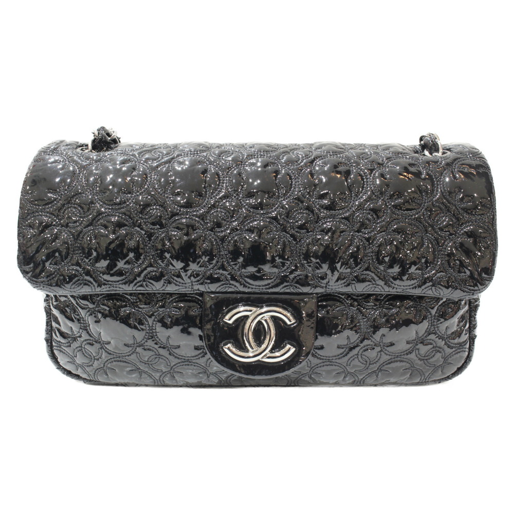 Chanel Flower CC Stitch Patent Leather Chain Shoulder Bag Black